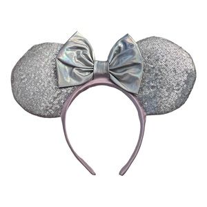 Disney Minnie Mouse Ears Headband Bow Silver Iridescent Sequins
